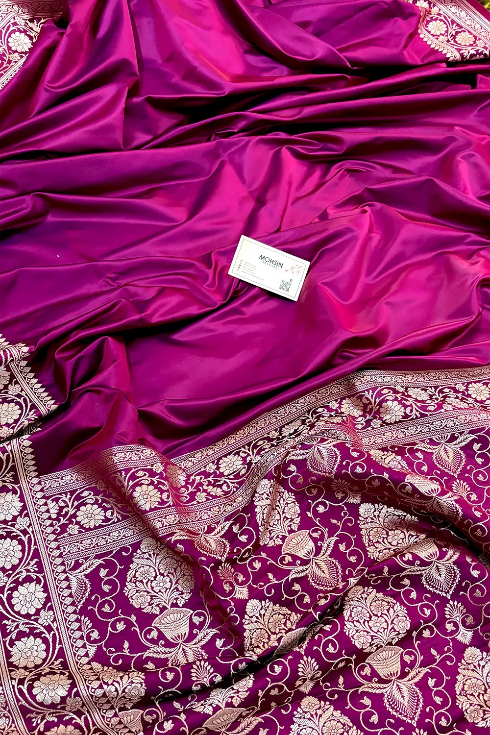 Magenta Plain Zari Border Katan Silk Banarasi Saree