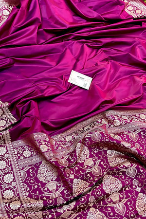 Magenta Plain Zari Border Katan Silk Banarasi Saree