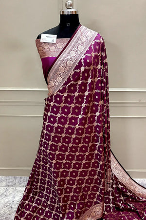 Magenta Qaidi Buti Katan Silk Banarasi Saree
