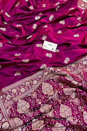 Magenta Rose Buti Katan Silk Banarasi Saree