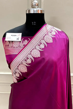 Magenta Zari Border Plain Katan Silk Banarasi Saree