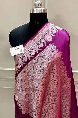 Magenta Zari Border Plain Katan Silk Banarasi Saree