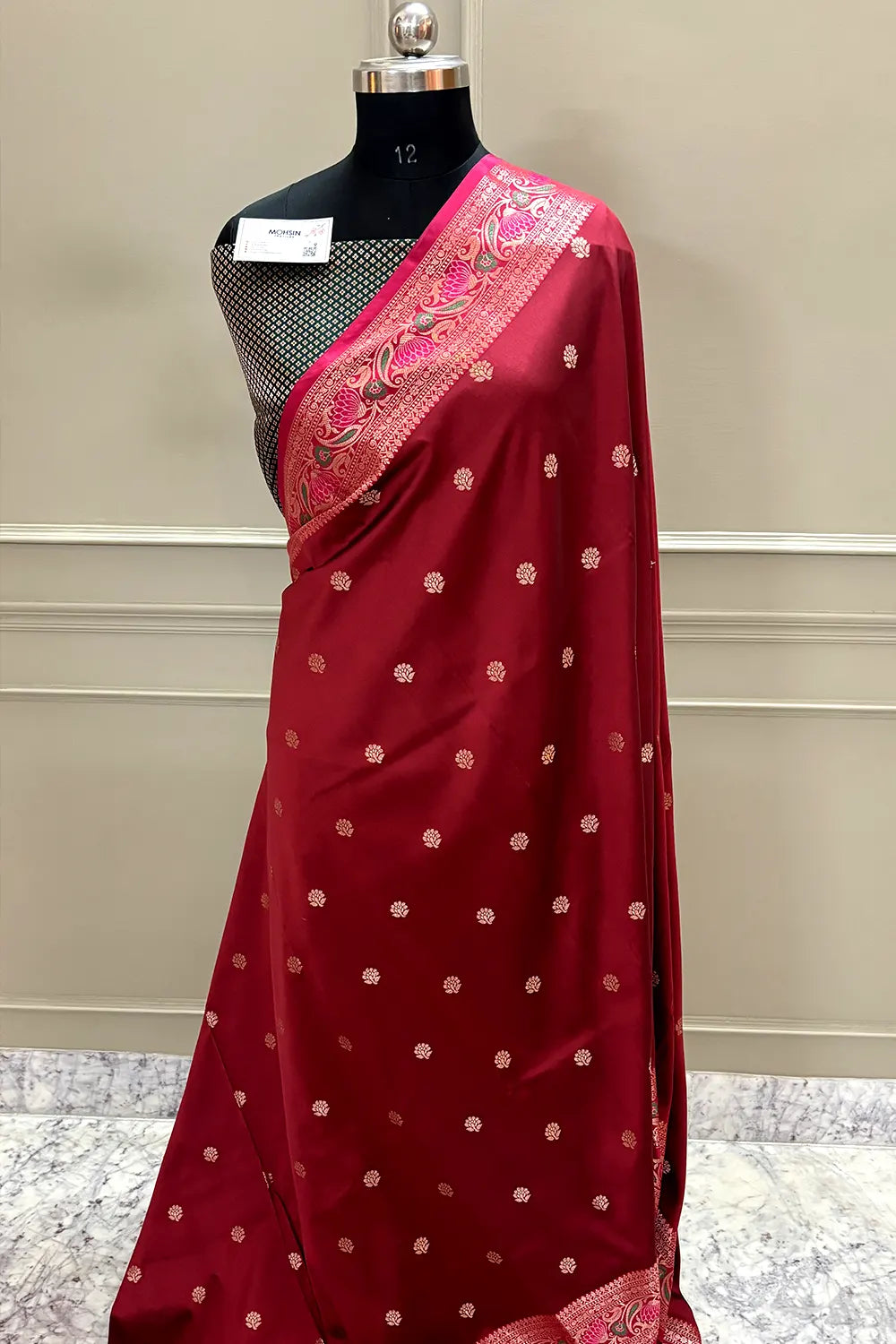Maroon and Bottle Green Buti Banarasi Silk Saree