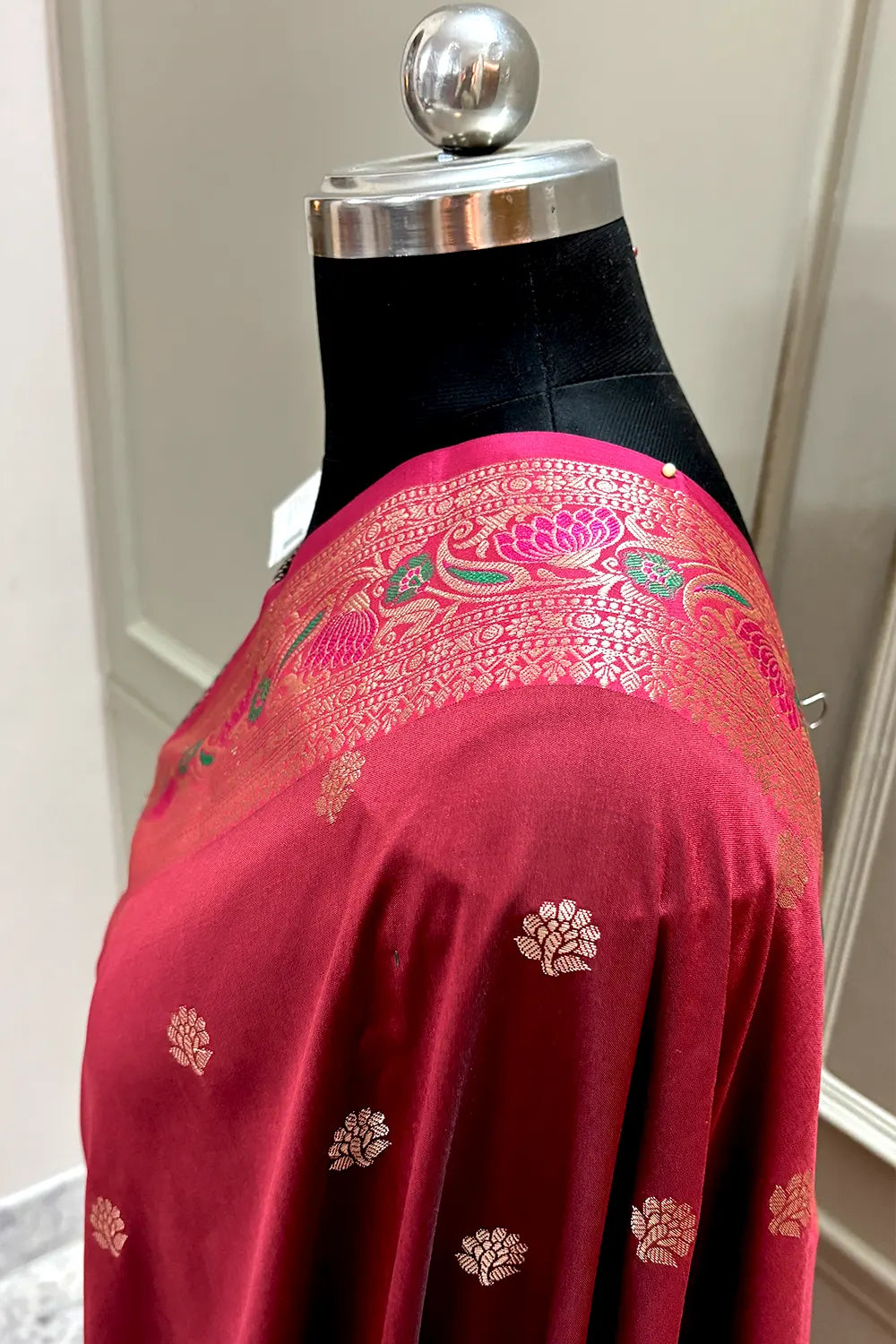 Maroon and Bottle Green Buti Banarasi Silk Saree