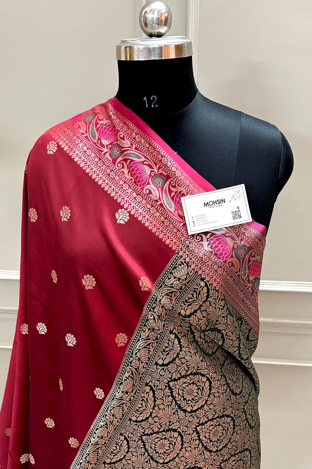 Maroon and Bottle Green Buti Banarasi Silk Saree