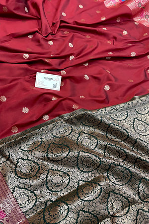 Maroon and Bottle Green Buti Banarasi Silk Saree