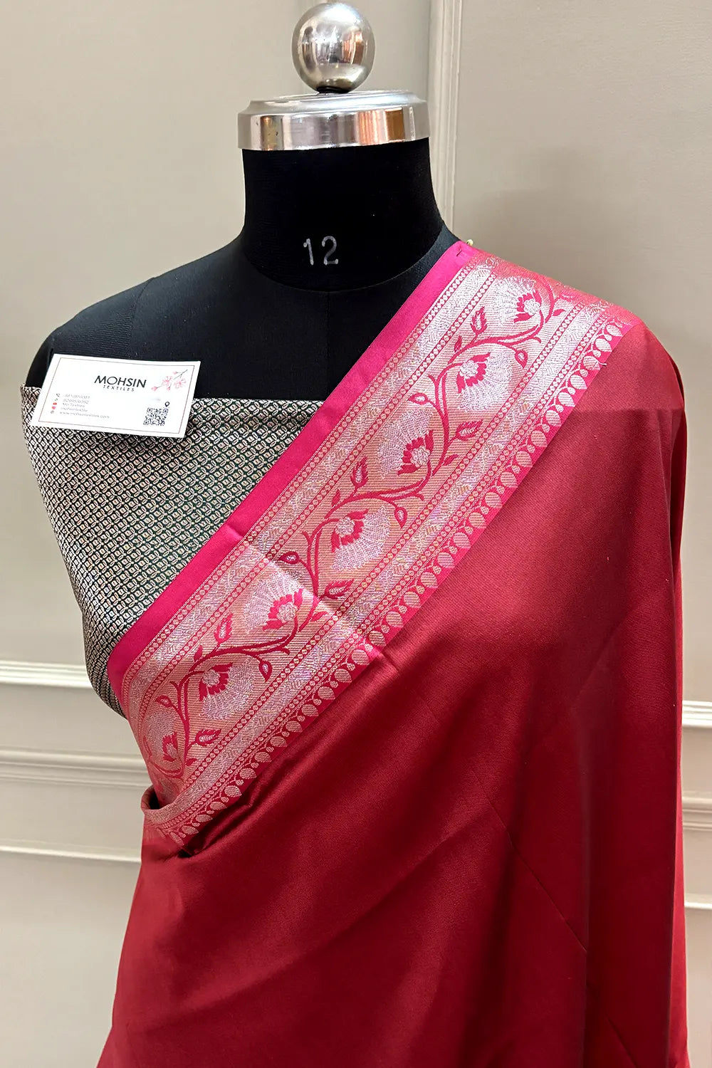 Maroon and Bottle Green Plain Banarasi Silk Saree