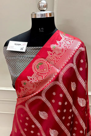 Maroon and Bottle Green Zari Banarasi Silk Saree