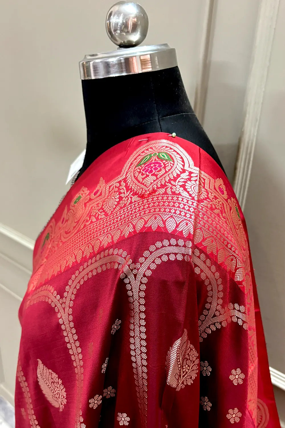 Maroon and Bottle Green Zari Banarasi Silk Saree