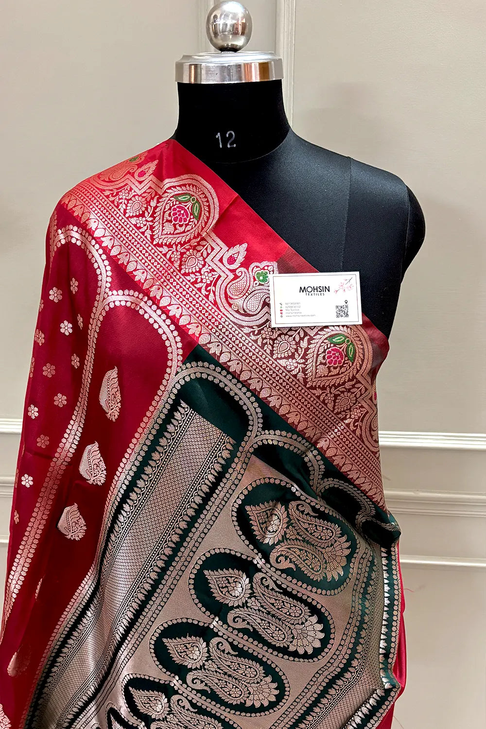 Maroon and Bottle Green Zari Banarasi Silk Saree