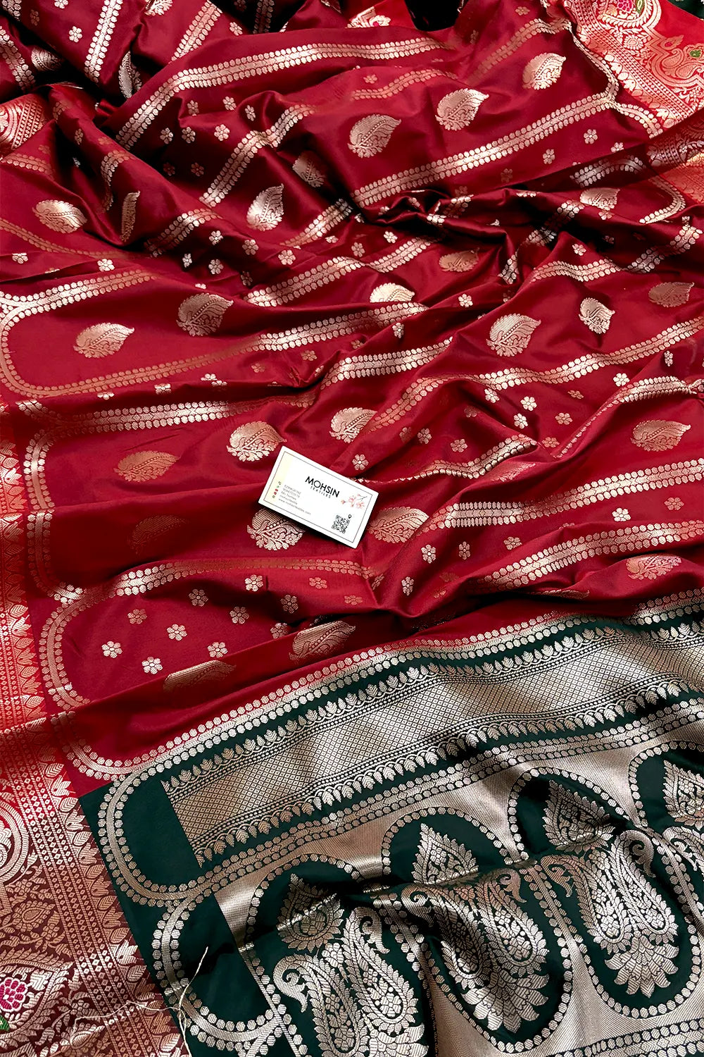 Maroon and Bottle Green Zari Banarasi Silk Saree