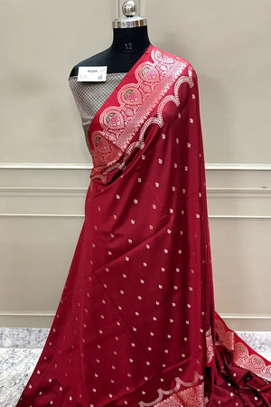 Maroon and Bottle Green Zari Banarasi Silk Saree