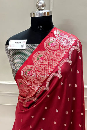 Maroon and Bottle Green Zari Banarasi Silk Saree