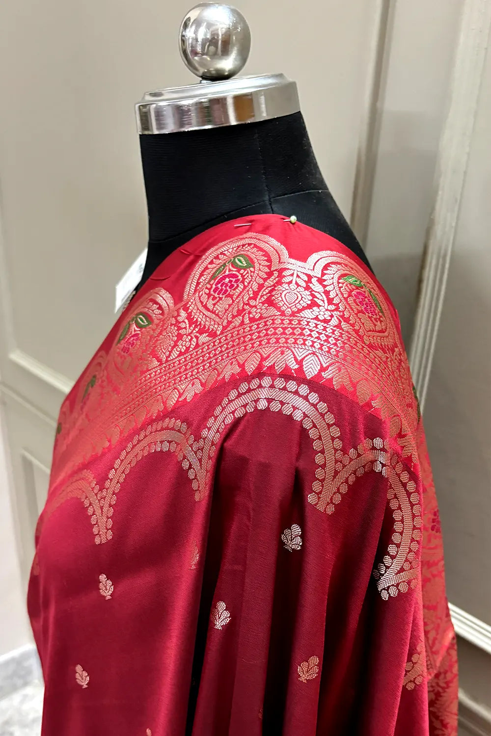 Maroon and Bottle Green Zari Banarasi Silk Saree