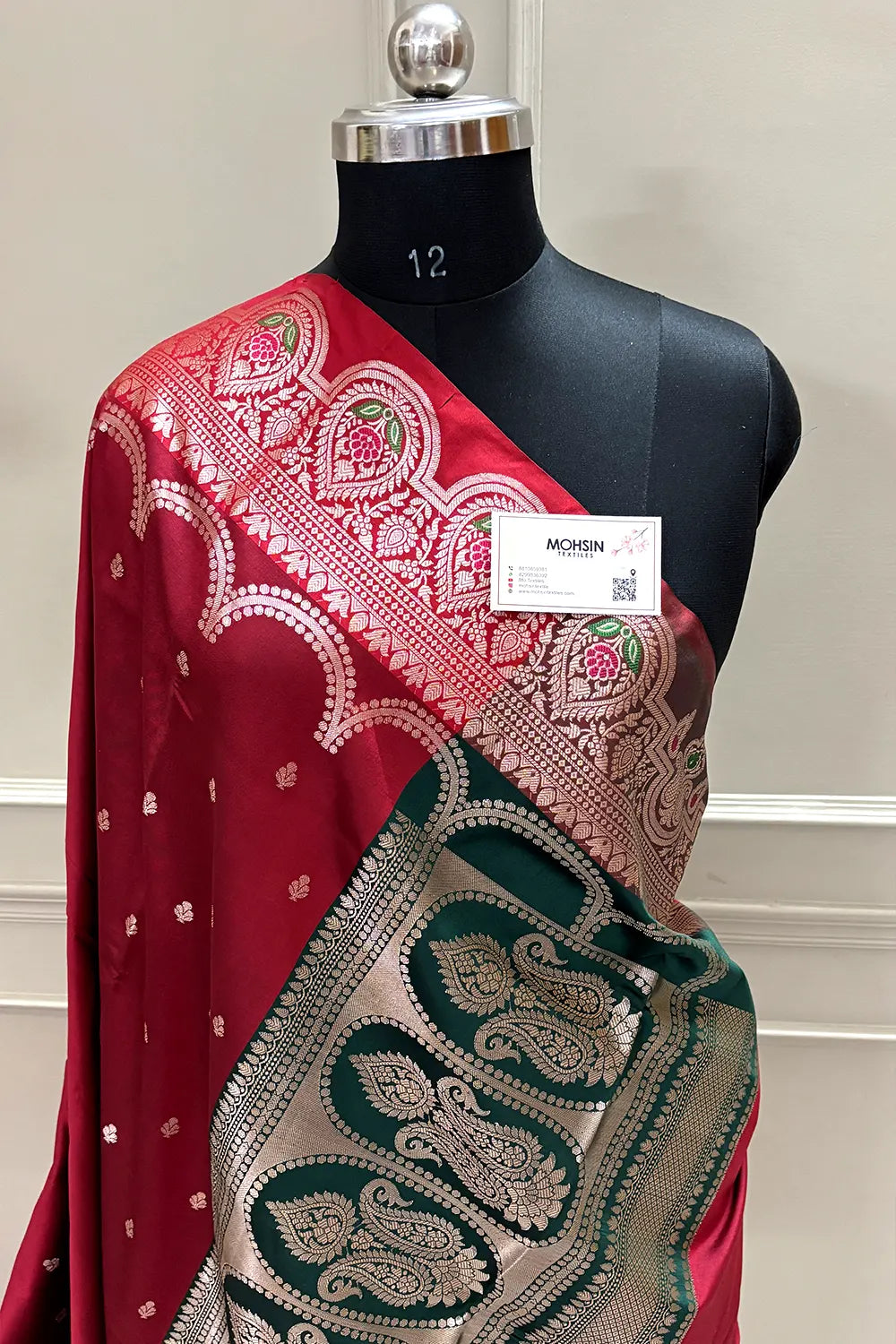 Maroon and Bottle Green Zari Banarasi Silk Saree