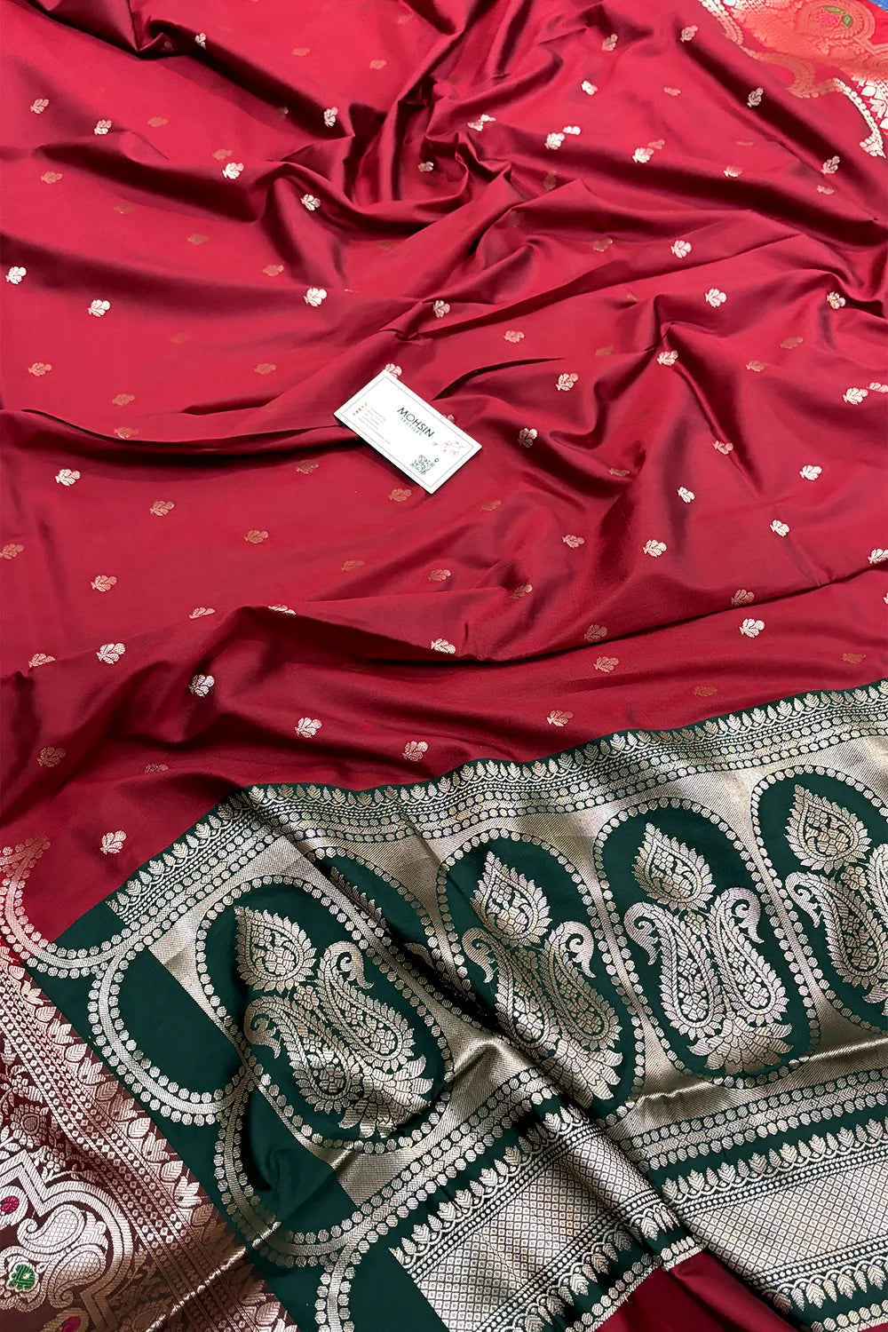 Maroon and Bottle Green Zari Banarasi Silk Saree
