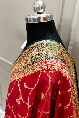 Maroon and Bottle Green Zari Katan Silk Banarasi Saree