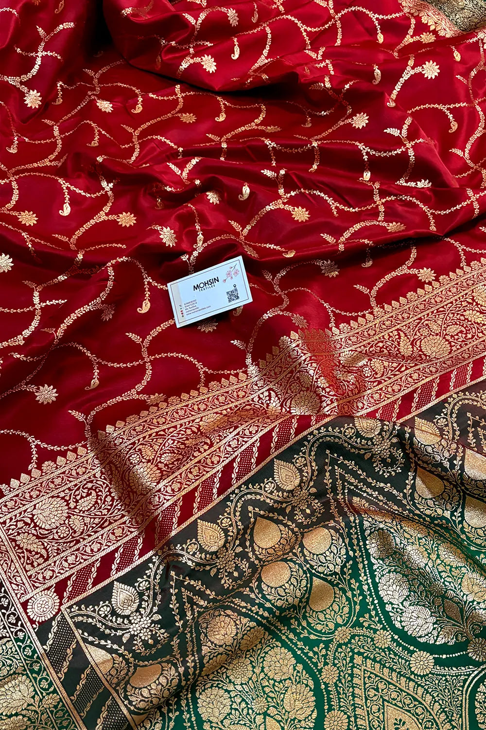 Maroon and Bottle Green Zari Katan Silk Banarasi Saree