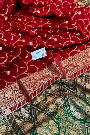Maroon and Bottle Green Zari Katan Silk Banarasi Saree