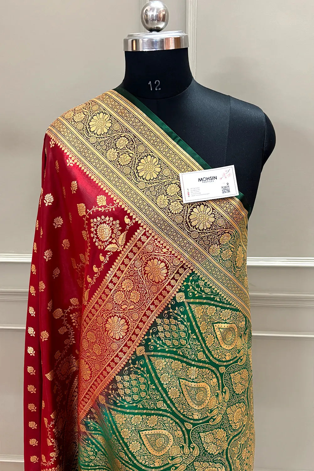Maroon and Bottle Green Zari Katan Silk Banarasi Saree