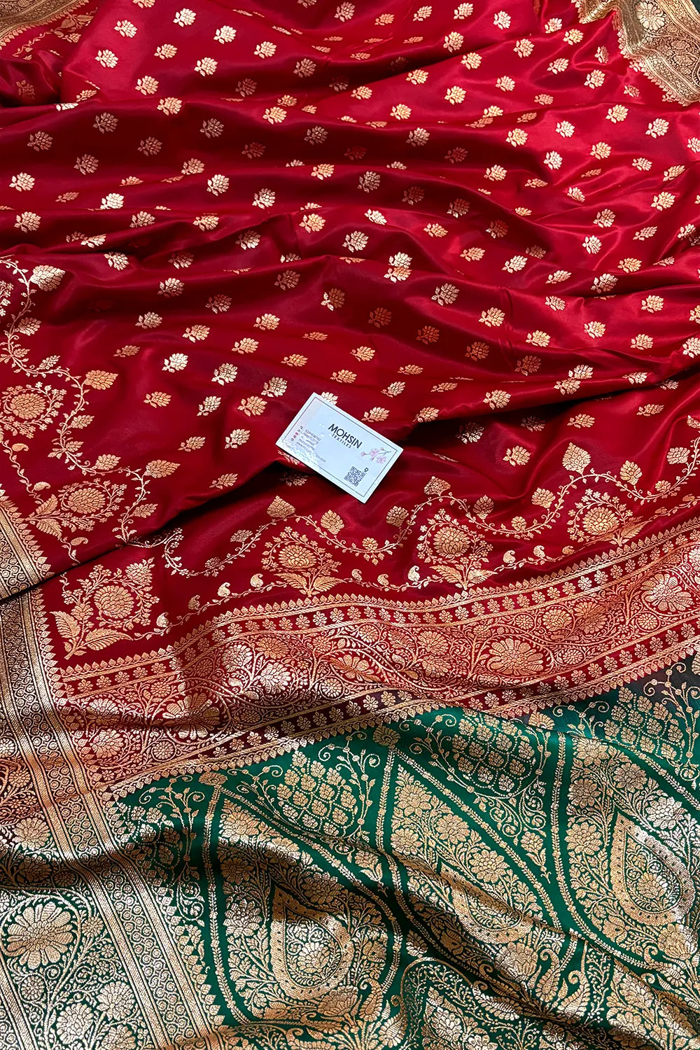 Maroon and Bottle Green Zari Katan Silk Banarasi Saree
