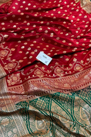 Maroon and Bottle Green Zari Katan Silk Banarasi Saree