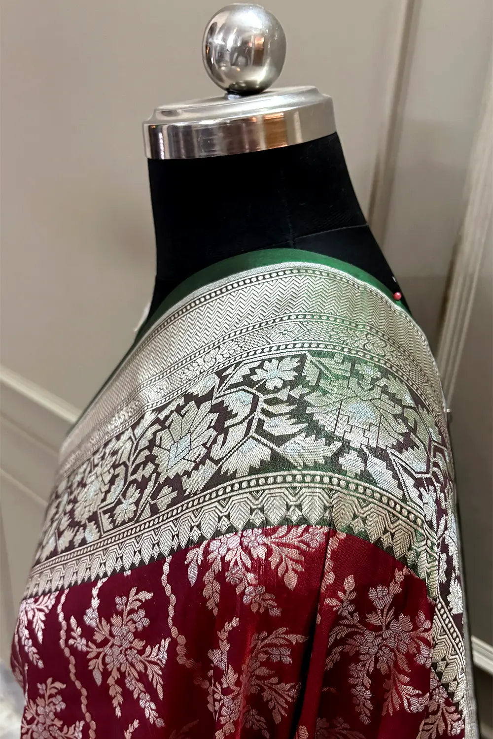 Maroon and Bottle Green Zari Katan Silk Banarasi Saree