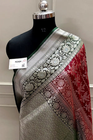 Maroon and Bottle Green Zari Katan Silk Banarasi Saree