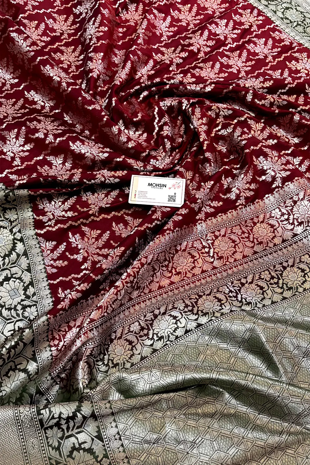 Maroon and Bottle Green Zari Katan Silk Banarasi Saree
