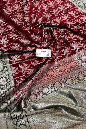 Maroon and Bottle Green Zari Katan Silk Banarasi Saree