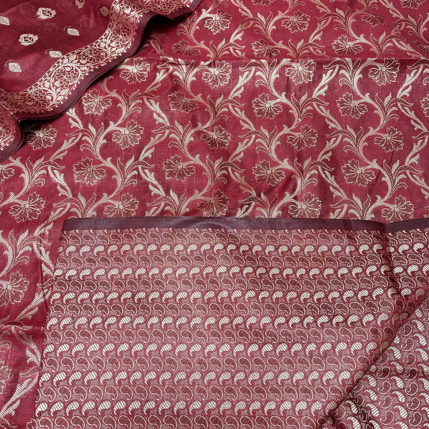 Maroon and Gold Zari Border Cotton Silk Banarasi Suit