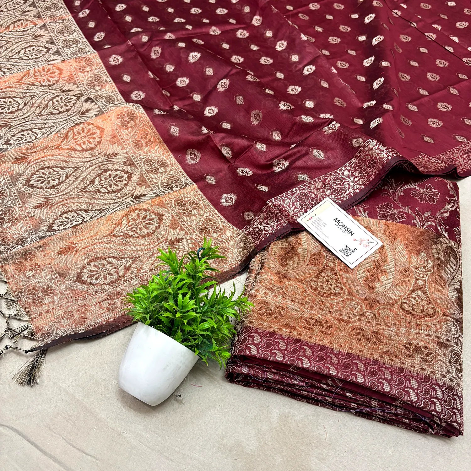 Maroon and Gold Zari Border Cotton Silk Banarasi Suit