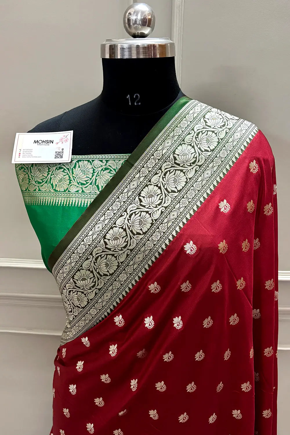 Maroon and Green Ghonga Buti Katan Silk Banarasi Saree