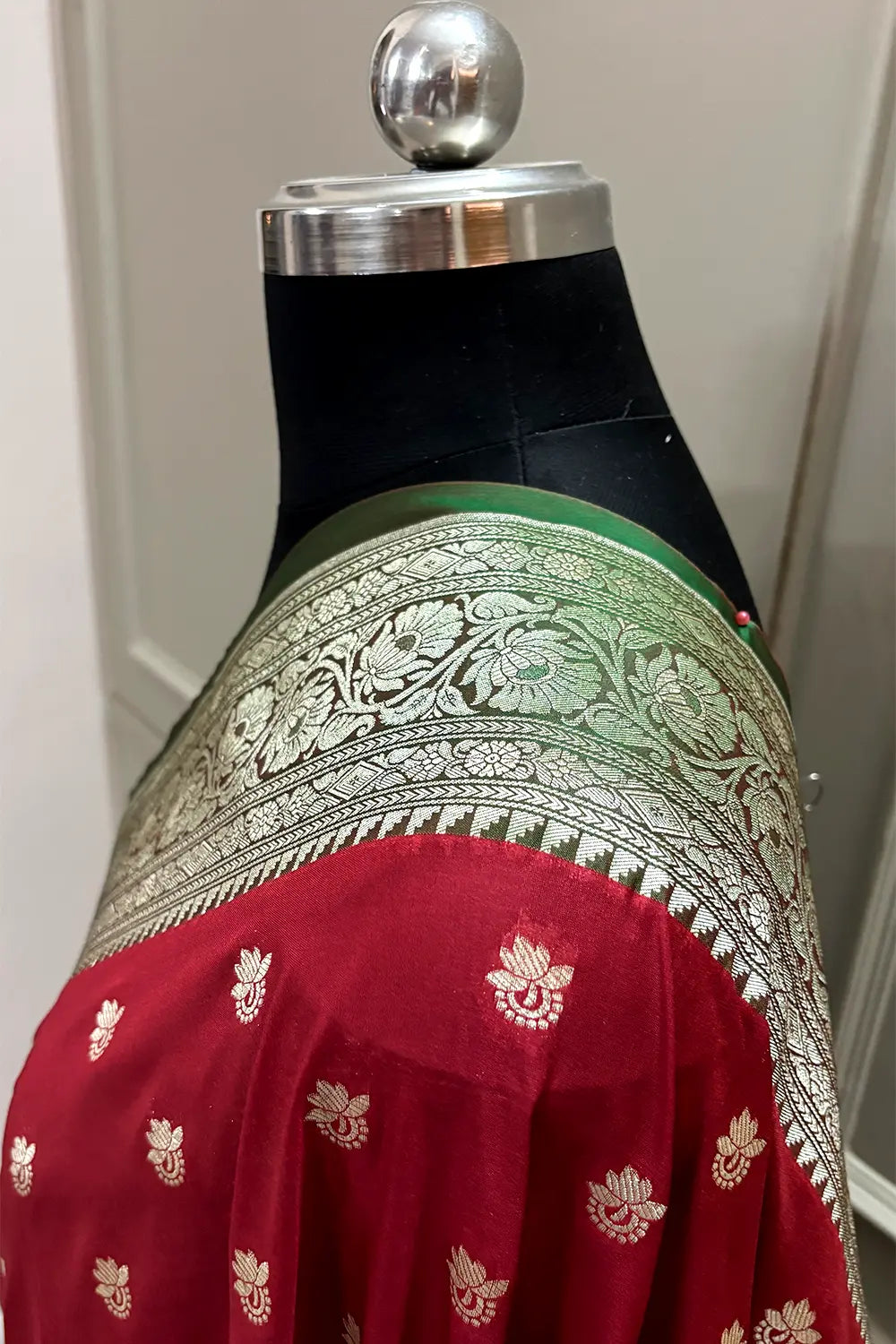 Maroon and Green Ghonga Buti Katan Silk Banarasi Saree