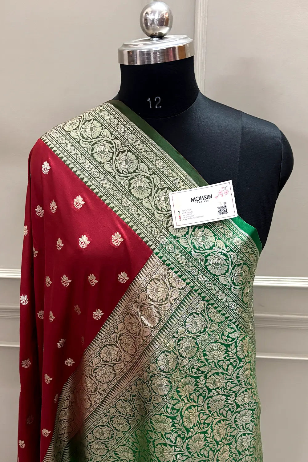 Maroon and Green Ghonga Buti Katan Silk Banarasi Saree