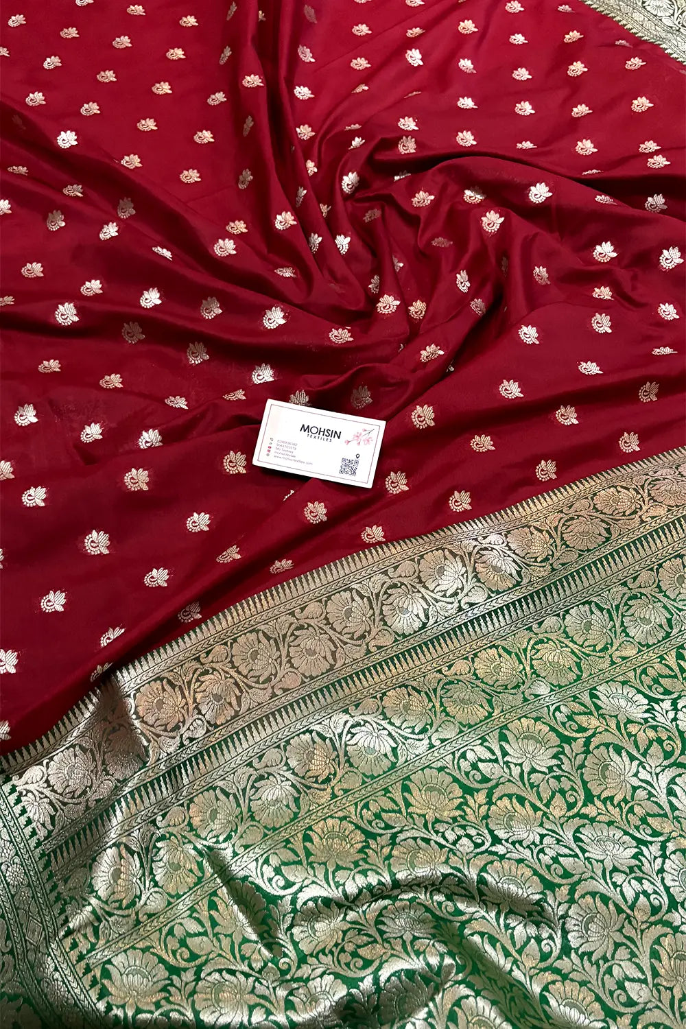 Maroon and Green Ghonga Buti Katan Silk Banarasi Saree