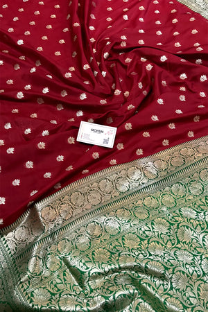 Maroon and Green Ghonga Buti Katan Silk Banarasi Saree