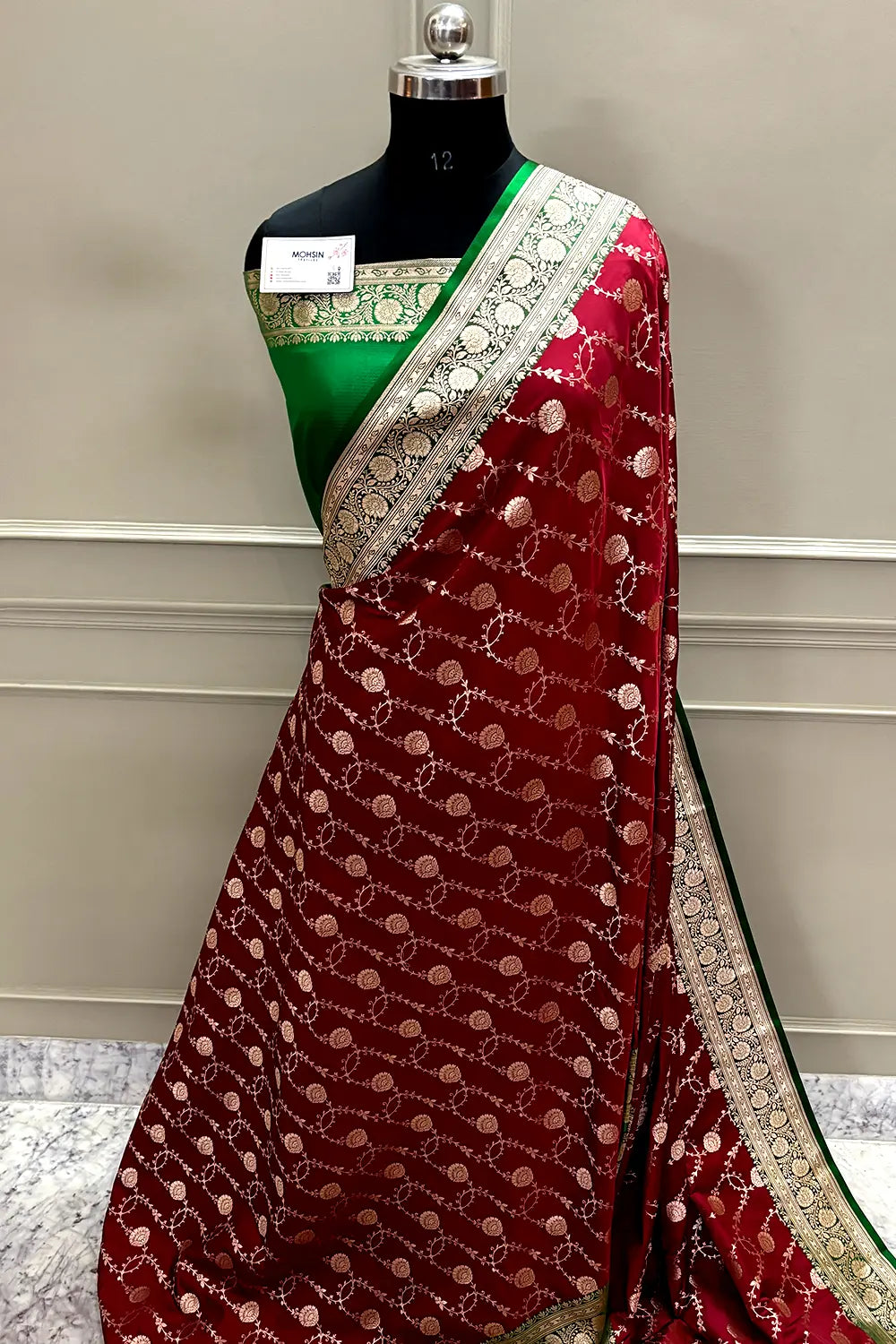 Maroon and Green Ropeway Jaal Katan Mashru Silk Banarasi Saree