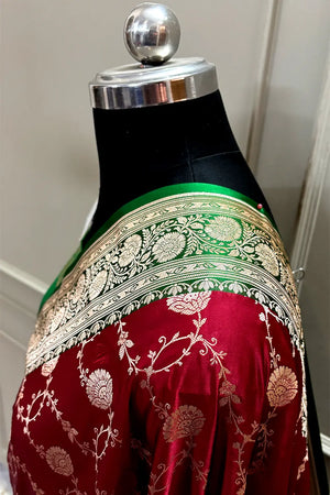 Maroon and Green Ropeway Jaal Katan Mashru Silk Banarasi Saree