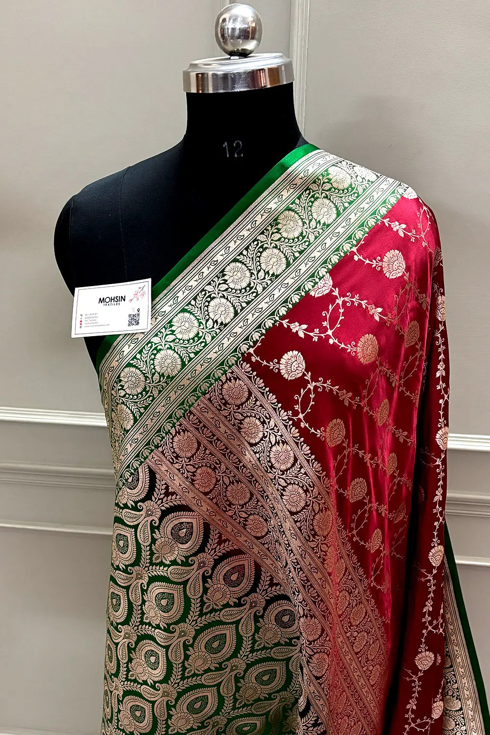 Maroon and Green Ropeway Jaal Katan Mashru Silk Banarasi Saree