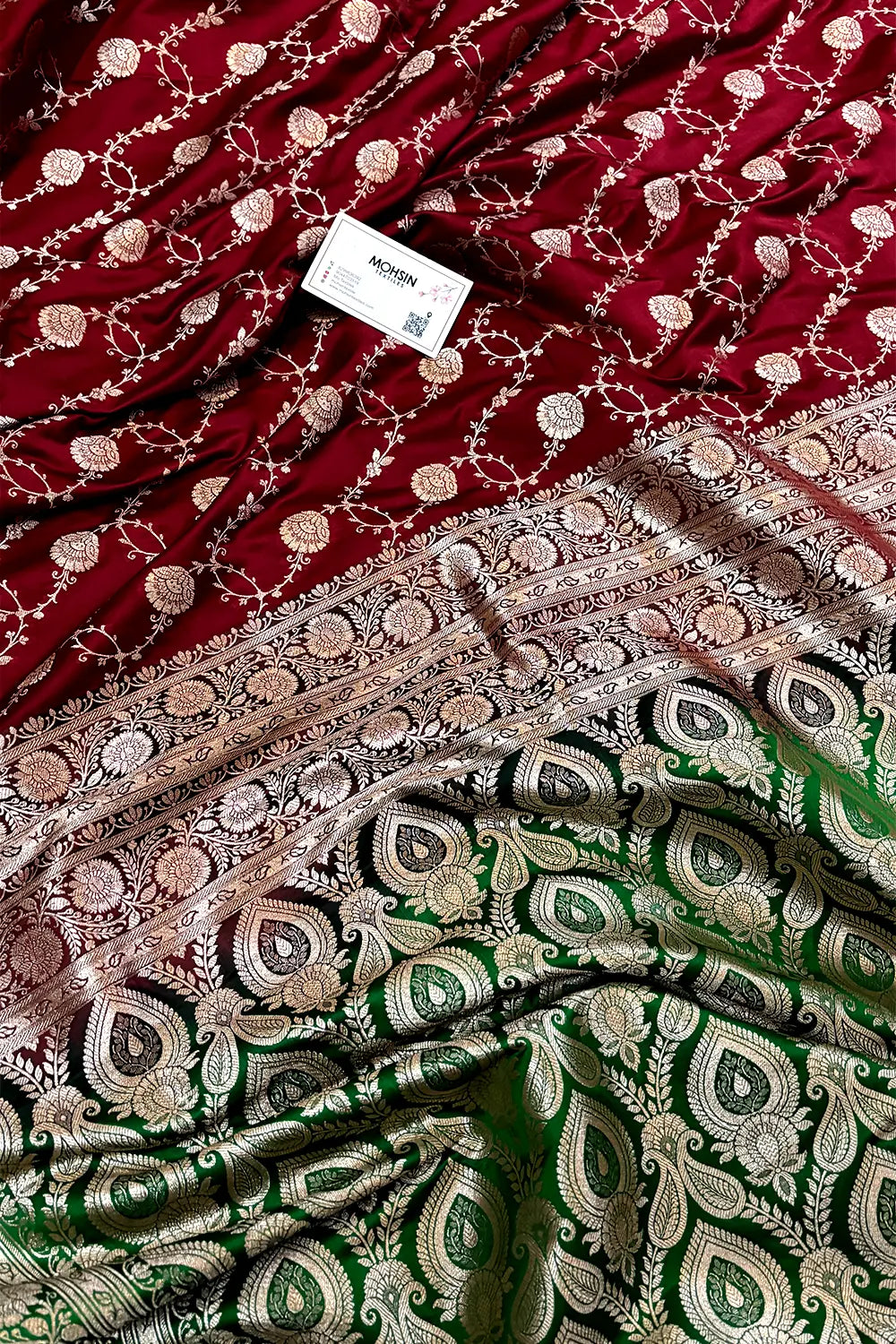 Maroon and Green Ropeway Jaal Katan Mashru Silk Banarasi Saree