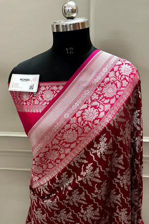Maroon and Rani Pink Zari Katan Silk Banarasi Saree