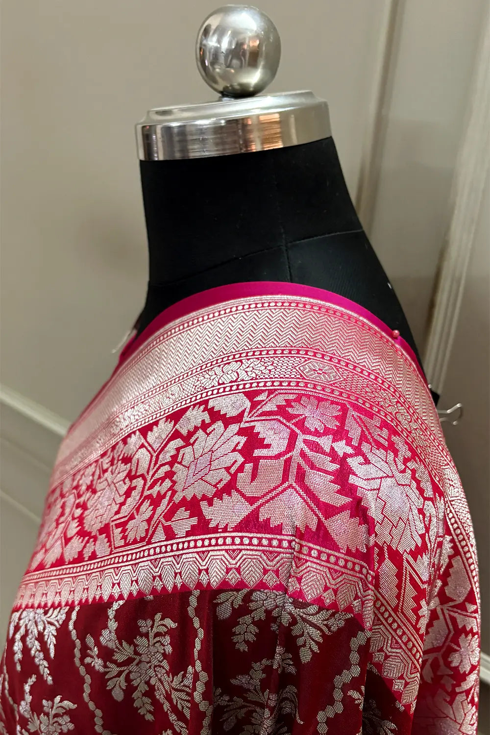 Maroon and Rani Pink Zari Katan Silk Banarasi Saree