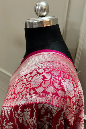 Maroon and Rani Pink Zari Katan Silk Banarasi Saree