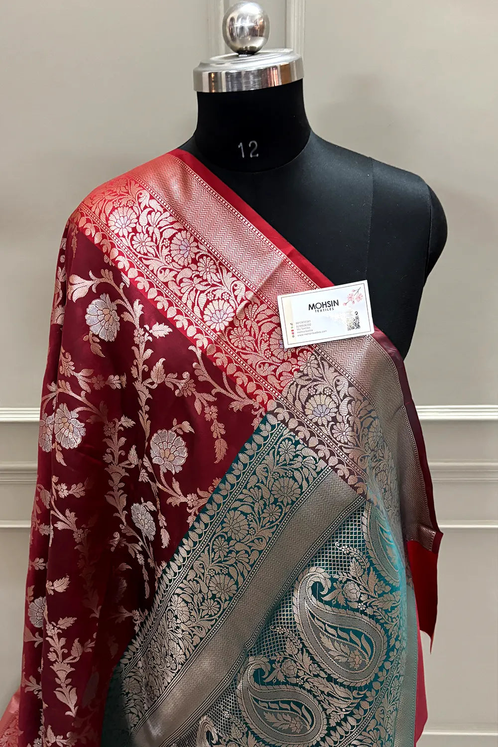 Maroon and Teal Zari Banarasi Silk Saree