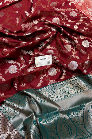 Maroon and Teal Zari Banarasi Silk Saree