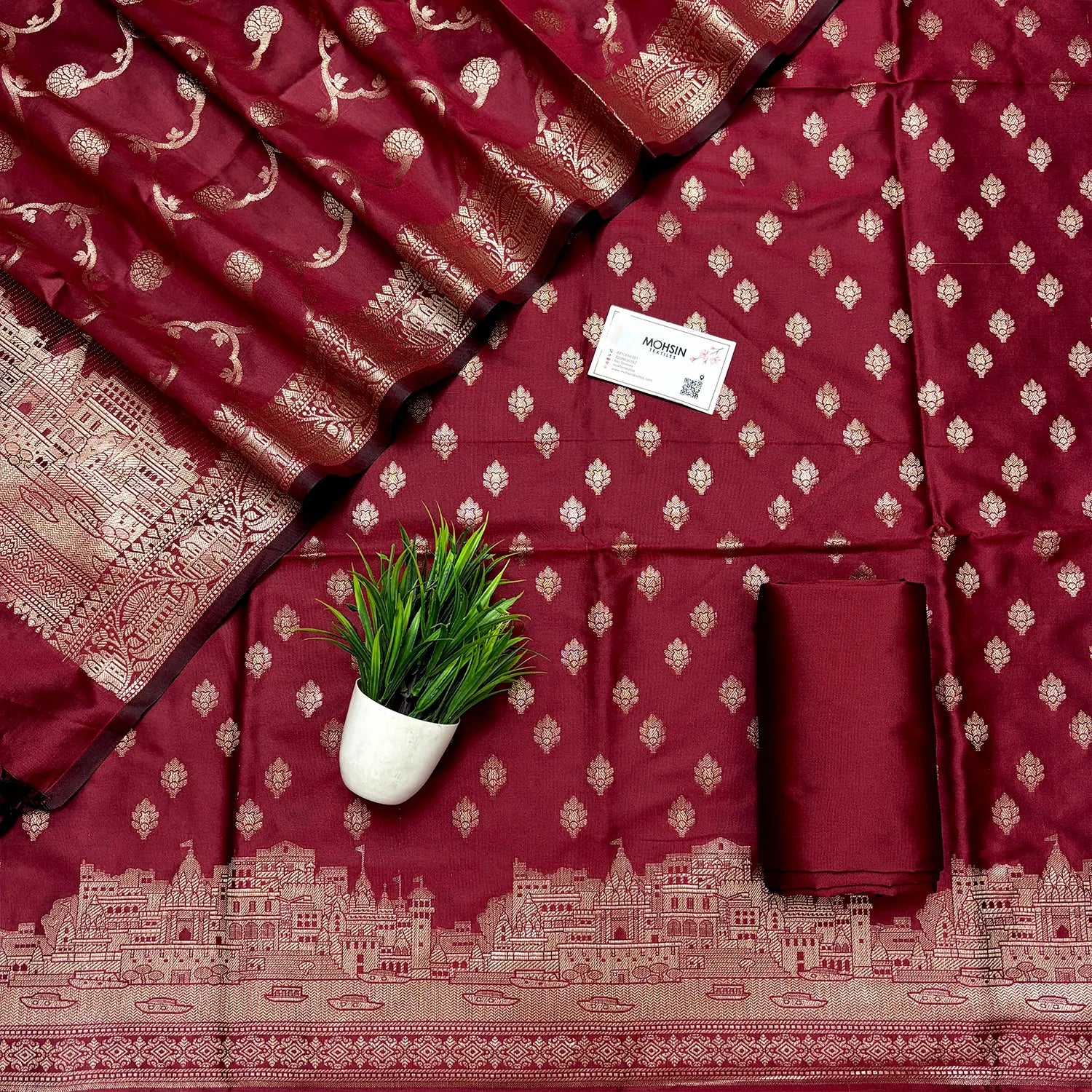 Maroon Assi Ghat Mandir Semi Katan Silk Banarasi Suit