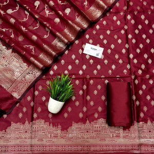 Maroon Assi Ghat Mandir Semi Katan Silk Banarasi Suit