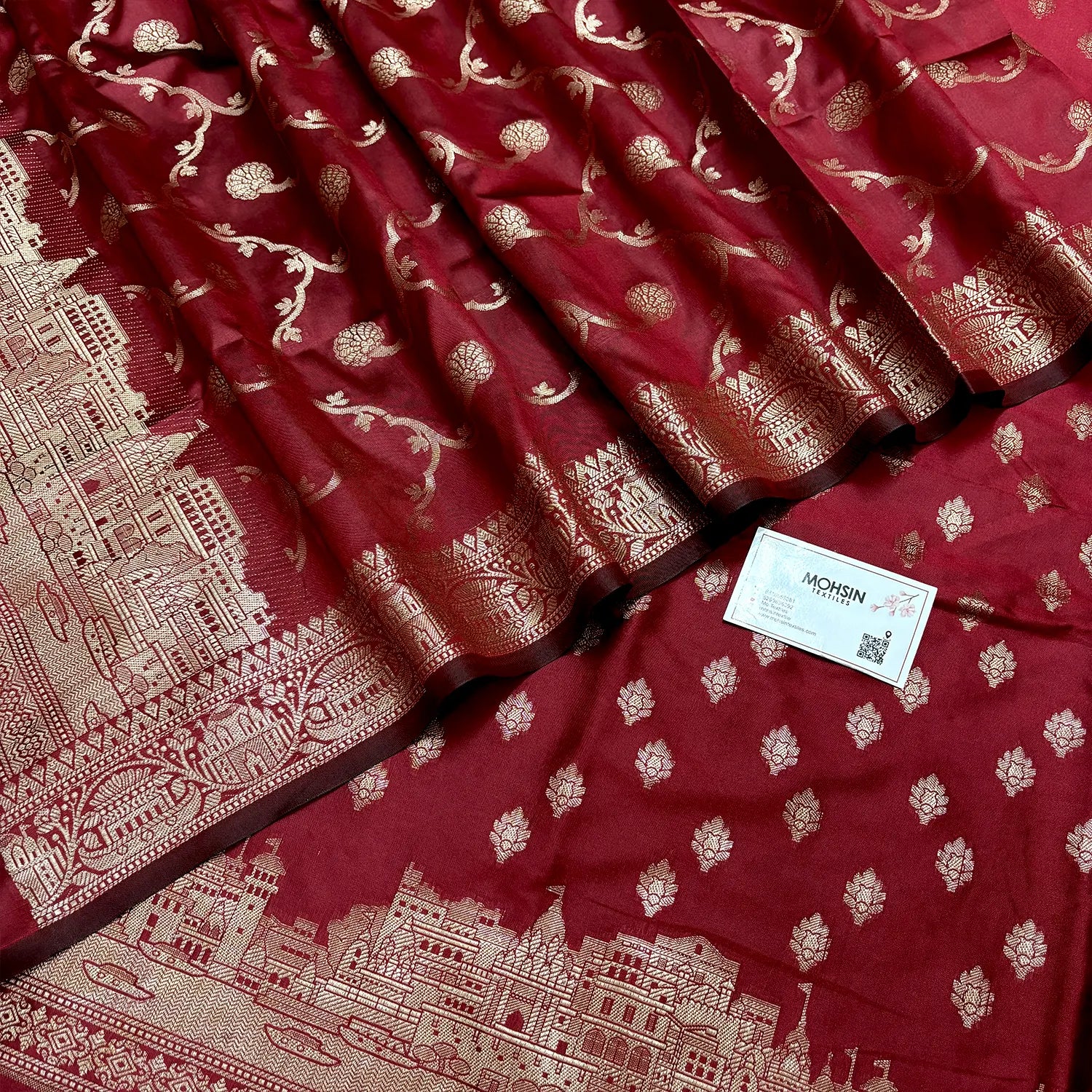 Maroon Assi Ghat Mandir Semi Katan Silk Banarasi Suit