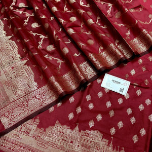 Maroon Assi Ghat Mandir Semi Katan Silk Banarasi Suit